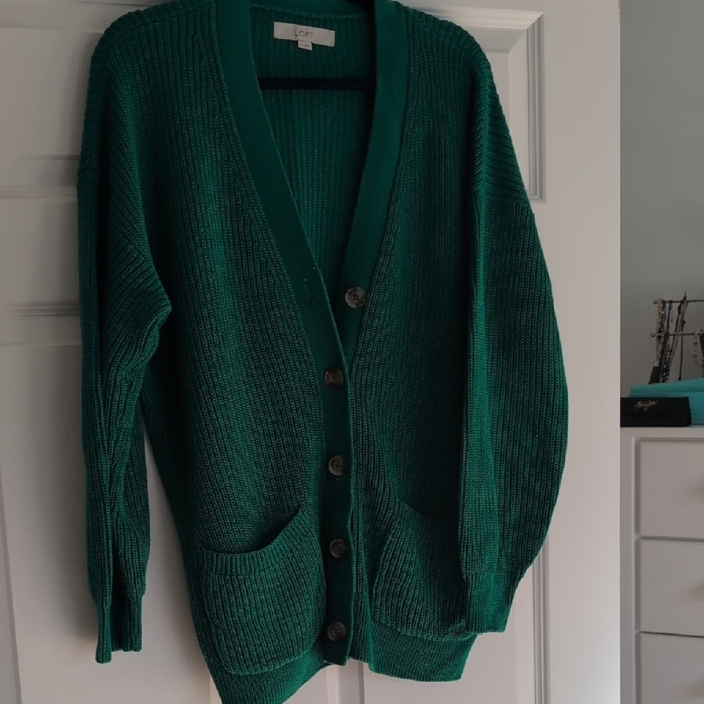 LOFT Bright Green Ribbed Button-Front Cardigan - Like New